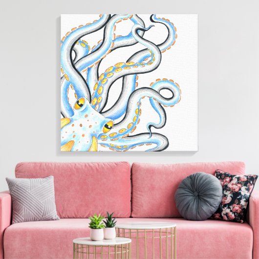 Funky Octopus Ink Blue Oranje Canvas Afdruk (Insitu (Woonkamer))
