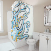 Funky Octopus Ink Blue Oranje Douchegordijn (In situ)