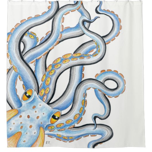 Funky Octopus Ink Blue Oranje Douchegordijn (Voorkant)