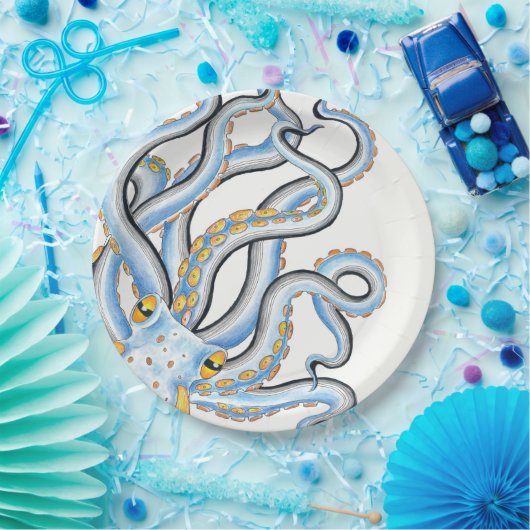 Funky Octopus Ink Blue Oranje Papieren Bordje (Feest)