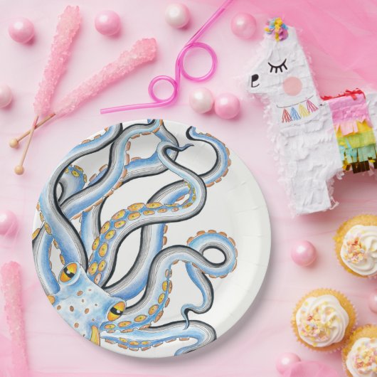 Funky Octopus Ink Blue Oranje Papieren Bordje (Feest)