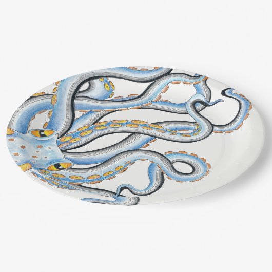 Funky Octopus Ink Blue Oranje Papieren Bordje (Gekanteld)
