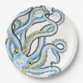 Funky Octopus Ink Blue Oranje Papieren Bordje (Voorkant)