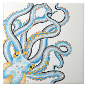 Funky Octopus Ink Blue Oranje Tegeltje