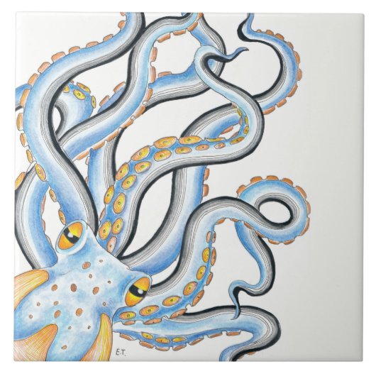 Funky Octopus Ink Blue Oranje Tegeltje (Voorkant)
