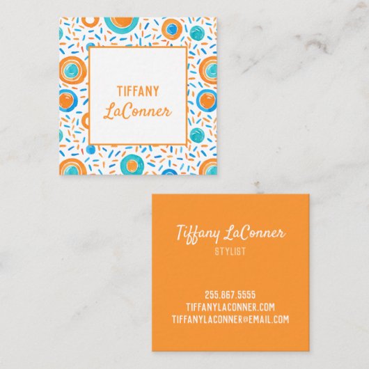 Funky Oranje and Blue Shapes Square Visitekaartje (Voorkant / Achterkant)