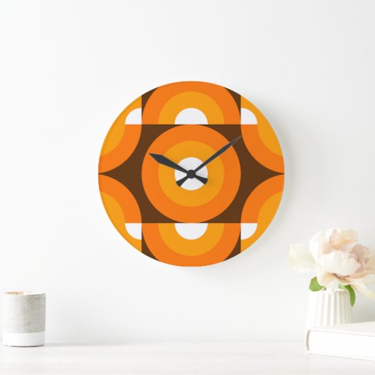 Funky Oranje Brown Retro Circles Art Patroon Grote Klok (Huis)