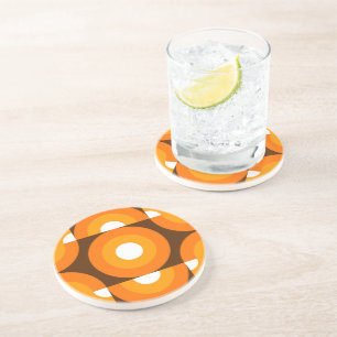 Funky Oranje Brown Retro Circles Art Patroon Zandsteen Onderzetter