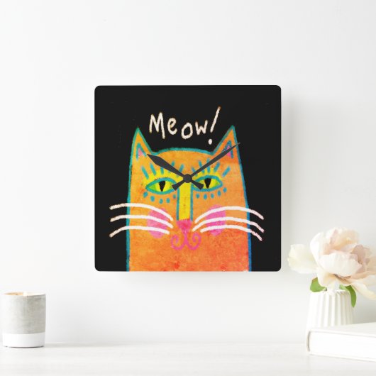 Funky Oranje Kat Abstracte Kunst Vierkante Klok (Huis)