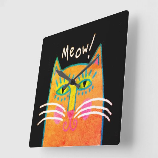 Funky Oranje Kat Abstracte Kunst Vierkante Klok (Hoek)