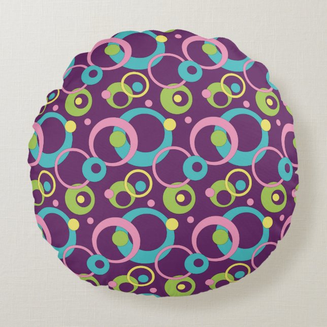 Funky Paarse Circles Round Pillow Rond Kussen (Voorkant)