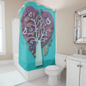 Funky Paarse en Blauwgroen Heart Tree, Love and Ro Douchegordijn (In situ)