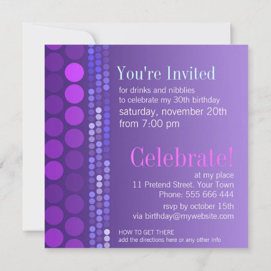 Funky Paarse Roze Party Verjaardagsuitnodiging Kaart (Achterkant)