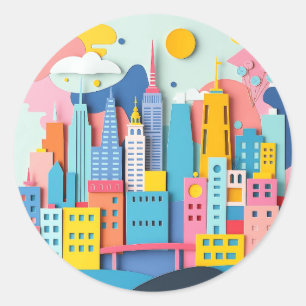 Funky Paper Collage Cityscape Ronde Sticker
