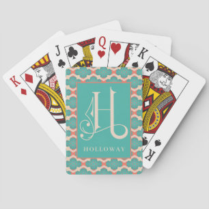 Funky Perzik & Teal Patroon H Monogram, Personalis Pokerkaarten