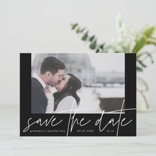 Funky Photo Lijst Casual Onyx Black Elegant Modern Save The Date (Staand voorkant)