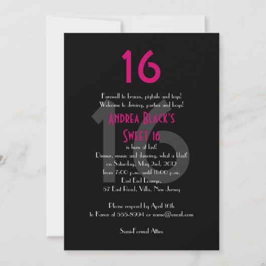 Funky Pink and Black Sweet 16 Birthday Invitation Kaart (Voorkant)