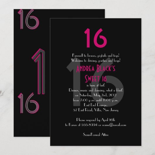 Funky Pink and Black Sweet 16 Birthday Invitation Kaart (Voorkant / Achterkant)