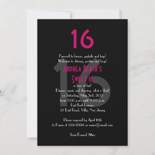 Funky Pink and Black Sweet 16 Birthday Invitation Kaart