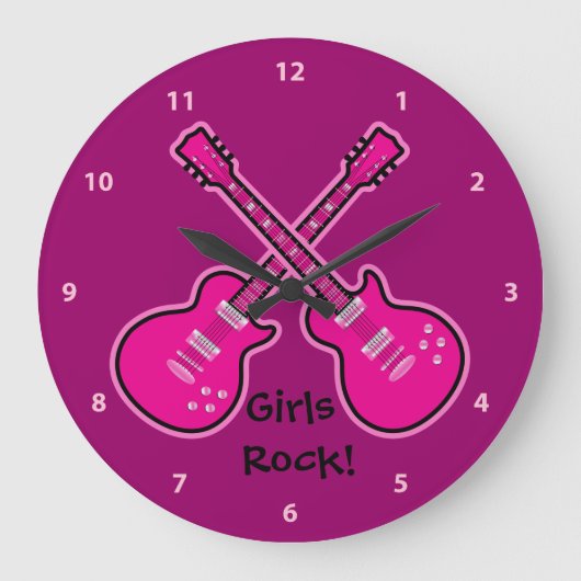 Funky Pink & Black Guitars Girls Rock Clock Grote Klok (Voorkant)