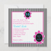 Funky Pink, Blue, Black, White Stripe Sweet 16th Kaart (Achterkant)