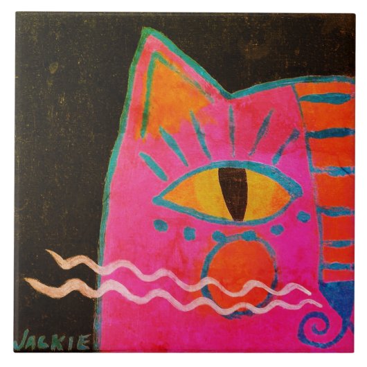 Funky Pink Cat Painting Tegeltje (Voorkant)