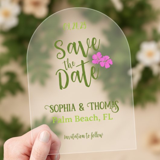 Funky Pink & Green Tropical Save the Date Arch Acryl Uitnodigingen