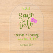 Funky Pink & Green Tropical Save the Date Arch Acryl Uitnodigingen (Voorkant)