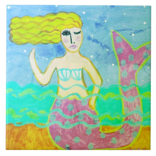 Funky Pink Mermaid Abstracte kunst Tegeltje (Voorkant)
