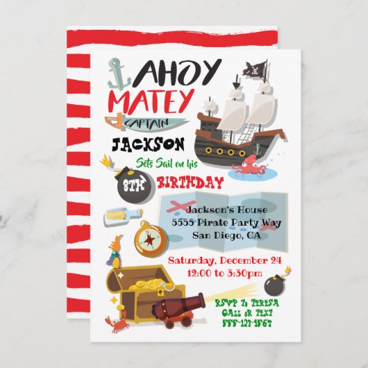 Funky Pirate Birthday Party Invitation Kaart (Voorkant / Achterkant)