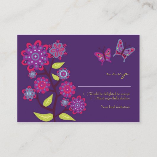 Funky Purple Flowers Wedding RSVP Kaart (Voorkant)
