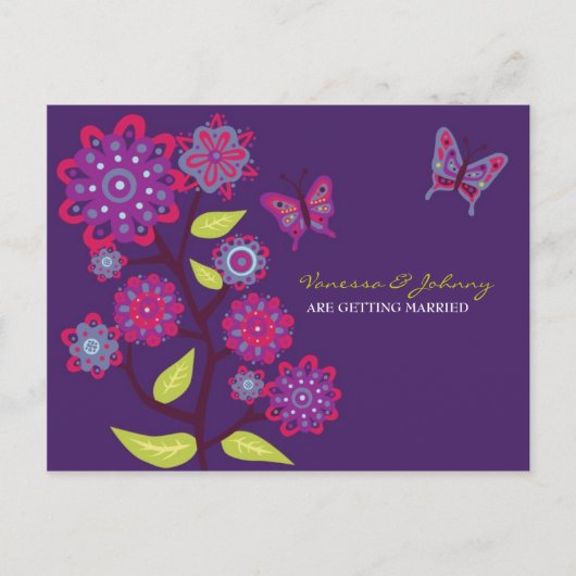 Funky Purple Flowers Wedding Save the Date Aankondigingskaart (Voorkant)