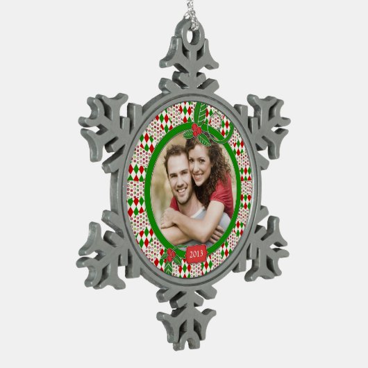 Funky Red Green Family Foto Kerstmis Tin Sneeuwvlok Ornament (Links)