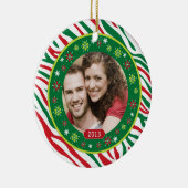 Funky Red Green Zebra Print Familie Foto Kerstmis Keramisch Ornament (Rechts)