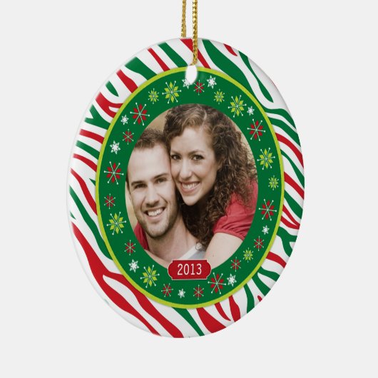 Funky Red Green Zebra Print Familie Foto Kerstmis Keramisch Ornament (Rechts)