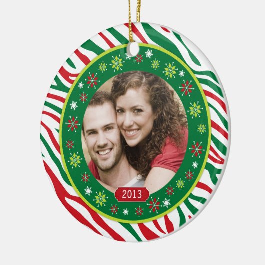 Funky Red Green Zebra Print Familie Foto Kerstmis Keramisch Ornament (Links)