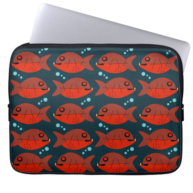 Funky Red Retro Piranha Fish Art Patroon Laptop Sleeve (Voorkant)