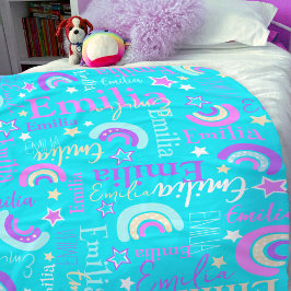 Funky regenboog sterren aqua meisjes naam kleurrij fleece deken