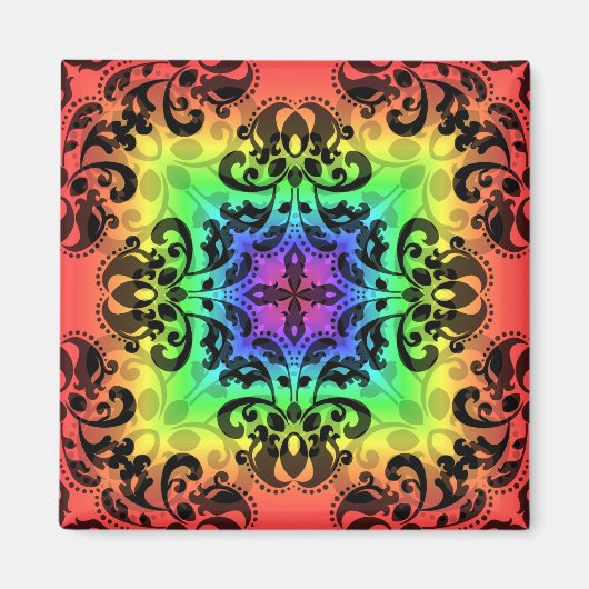 Funky regenboog vierkant damast magneet (Voorkant)