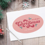 Funky Retro 70s Holly Jolly Christmas Ovale Sticker<br><div class="desc">Dit funky retro Kerst sticker label heeft de woorden "hulst en vrolijk" in een leuk retro lettertype.</div>