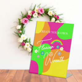 Funky Retro Bruiloftsfeest Bloemenkrans Reclamebord Met Voetstuk