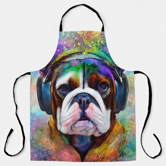 Funky Retro Bulldog met hoofdtelefoon Schort (Voorkant)