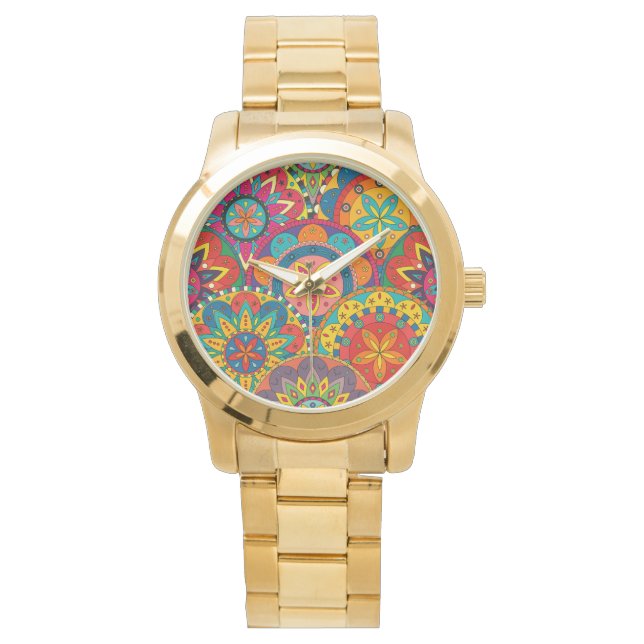 Funky Retro Colorful Mandala Pattern Horloge (Voorkant)