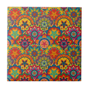 Funky Retro Colorful Mandala Pattern Tegeltje