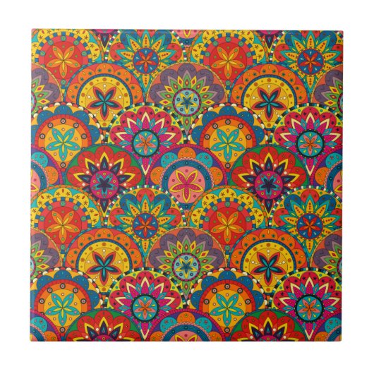Funky Retro Colorful Mandala Pattern Tegeltje (Voorkant)
