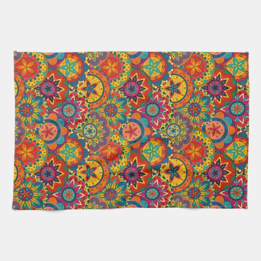 Funky Retro Colorful Mandala Pattern Theedoek (Horizontaal)