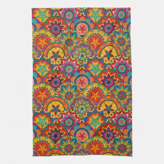 Funky Retro Colorful Mandala Pattern Theedoek (Verticaal)