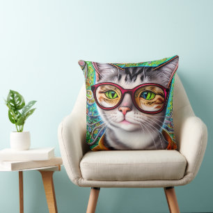 Funky Retro Cute Cat Wearing Glasses Artwork Kussen