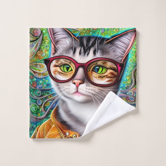 Funky Retro Cute Cat Wearing Glasses Artwork Washandje (Wasdoekje)