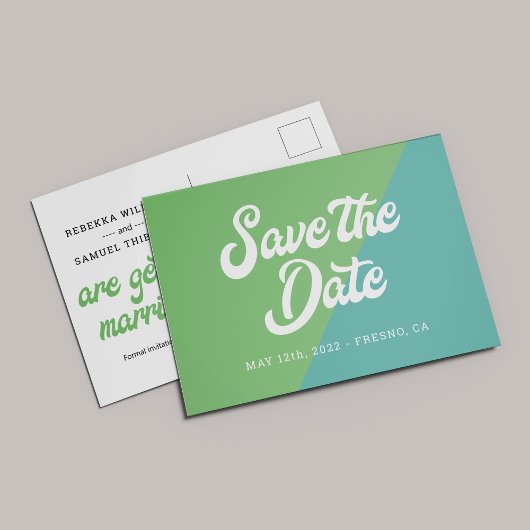 Funky Retro Green Blue Wedding Save the Date Aankondigingskaart